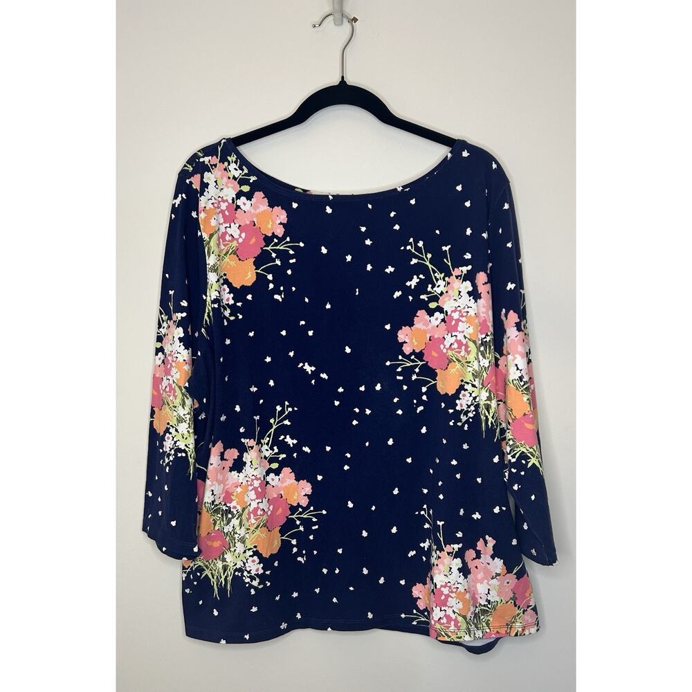 TALBOTS Navy Floral Print Top Cotton Spandex 3/4 Sleeve Womens 3X